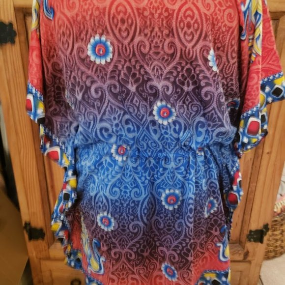 Red Blue Yellow Women Plus One Free Size Cover Up Tunic Dress - Picture 3 of 4